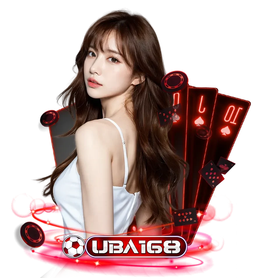 ภาพโปรโมท UBA168 คาสิโนออนไลน์ธีมสีแดง พร้อมหญิงสาวและไพ่บาคาร่า 10 J Q สื่อถึงสล็อต บาคาร่า และคาสิโนสดครบวงจร