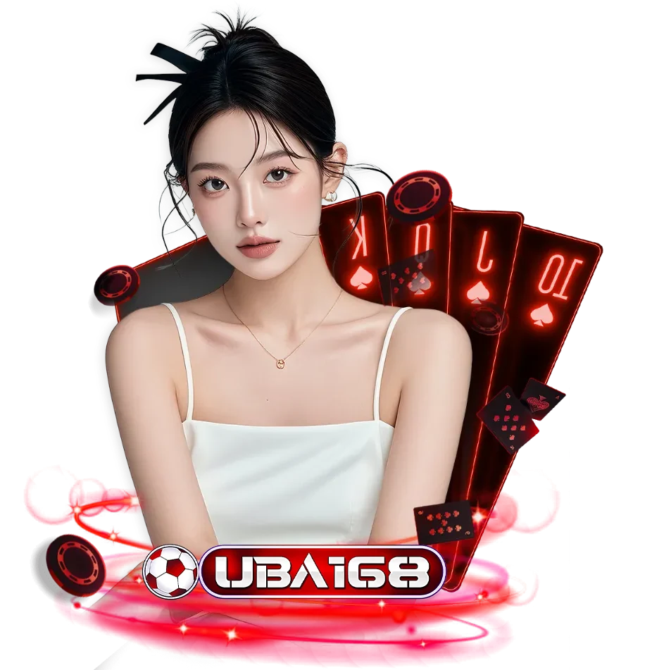 ภาพโปรโมท UBA168 คาสิโนออนไลน์ธีมสีแดง พร้อมหญิงสาวและไพ่บาคาร่า 10 J Q K สื่อถึงสล็อต บาคาร่า และคาสิโนสดครบวงจร