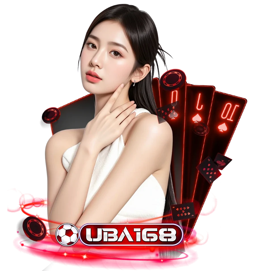 ภาพโปรโมท UBA168 คาสิโนออนไลน์ธีมสีแดง พร้อมหญิงสาวและไพ่บาคาร่า 10 J Q สื่อถึงสล็อต บาคาร่า และคาสิโนสดครบวงจร